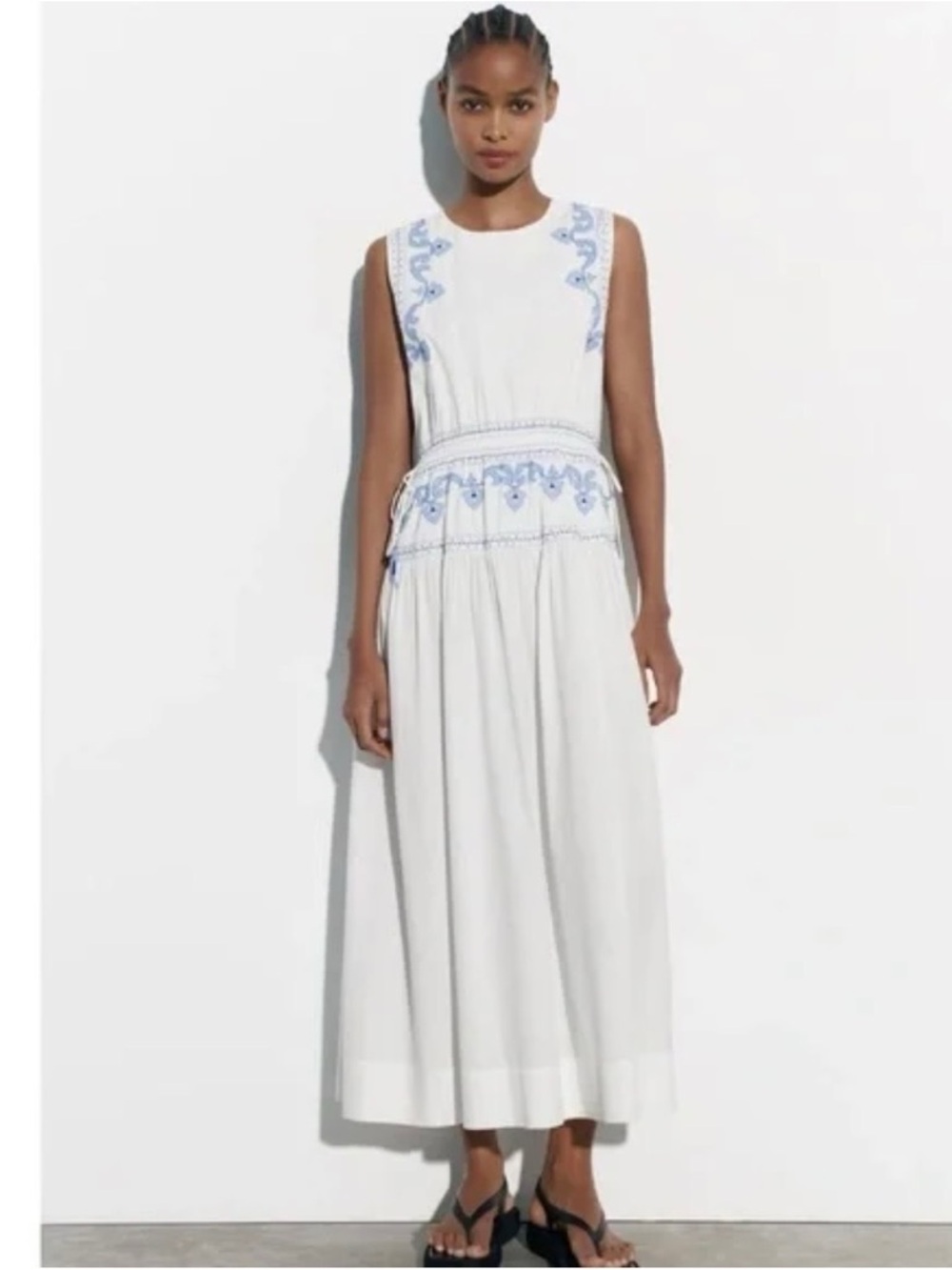 Zara White Maxi Dress with Blue Embroidery